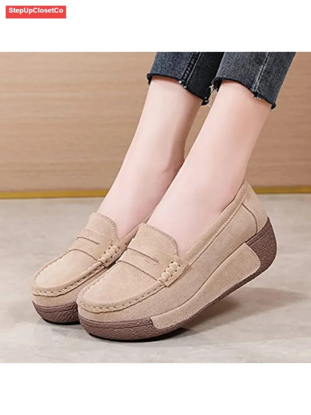 Wedge Loafers Platform Sneakers Slip-On Suede Moc Toe Casual Walking